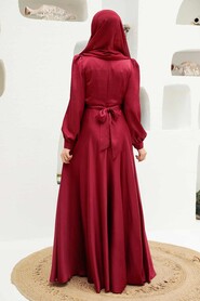  Satin Claret Red Modest Islamic Clothing Wedding Dress 3064BR - 2