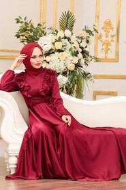  Satin Claret Red Modest Islamic Clothing Wedding Dress 3117BR - 2