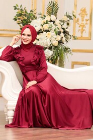  Satin Claret Red Modest Islamic Clothing Wedding Dress 3117BR - 1