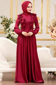  Satin Claret Red Modest Islamic Clothing Wedding Dress 3117BR - 3