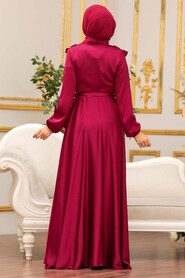  Satin Claret Red Modest Islamic Clothing Wedding Dress 3117BR - 4