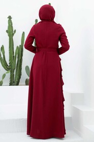 Stylish Claret Red Muslim Long Sleeve Dress 33010BR - 2