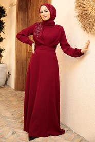  Long Claret Red Islamic Wedding Dress 3305BR - 1