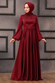 Claret Red Hijab Evening Dress 33190BR - 1