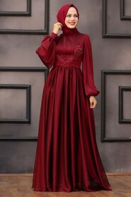 Claret Red Hijab Evening Dress 33190BR - 2