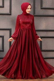 Claret Red Hijab Evening Dress 33190BR - 3