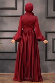 Claret Red Hijab Evening Dress 33190BR - 4