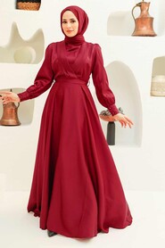  Satin Claret Red Islamic Engagement Gown 3367BR - 1