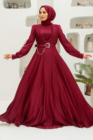  Long Sleeve Claret Red Islamic Long Sleeve Maxi Dress 3454BR - 1