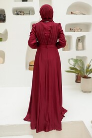  Long Sleeve Claret Red Islamic Long Sleeve Maxi Dress 3454BR - 2