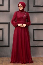  Modern Claret Red Hijab Evening Dress 34880BR - 1
