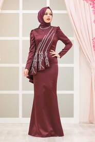 Claret Red Hijab Evening Dress 3501BR - 1