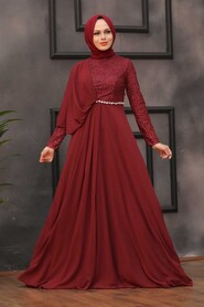  Modern Claret Red Modest Prom Dress 3502BR - 1