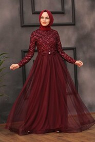  Stylish Claret Red Muslim Wedding Gown 3508BR - 1