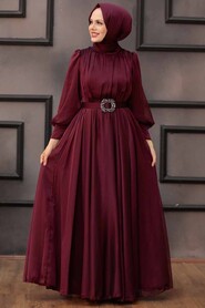  Elegant Claret Red Islamic Long Sleeve Maxi Dress 40221BR - 1