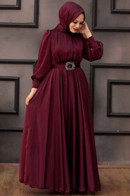  Elegant Claret Red Islamic Long Sleeve Maxi Dress 40221BR - 2