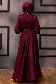  Elegant Claret Red Islamic Long Sleeve Maxi Dress 40221BR - 3
