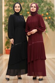 Claret Red Hijab Evening Dress 40602BR - 3