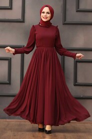 Claret Red Hijab Evening Dress 40720BR - 1