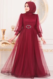 Claret Red Hijab Evening Dress 40881BR - 1