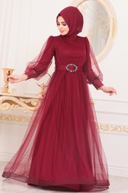 Claret Red Hijab Evening Dress 40881BR - 2