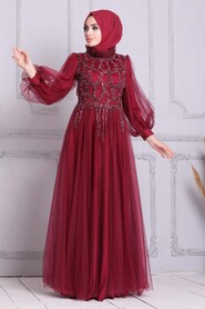 Claret Red Hijab Evening Dress 4093BR - 1