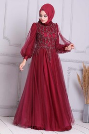 Claret Red Hijab Evening Dress 4093BR - 2