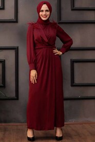 Claret Red Hijab Evening Dress 4199BR - 2