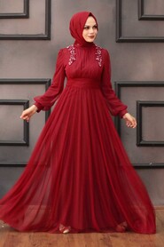  Long Sleeve Claret Red Hijab Wedding Dress 4348BR - 1