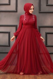  Long Sleeve Claret Red Hijab Wedding Dress 4348BR - 3