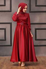  Claret Red Turkish Hijab Wedding Gown 4373BR - 2