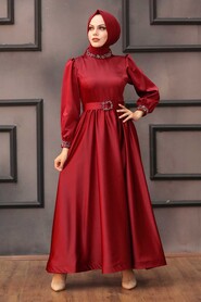  Claret Red Turkish Hijab Wedding Gown 4373BR - 1