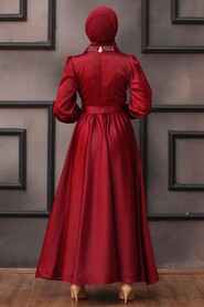  Claret Red Turkish Hijab Wedding Gown 4373BR - 4