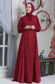 Claret Red Hijab Evening Dress 50090BR - 1