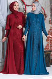 Claret Red Hijab Evening Dress 50090BR - 2