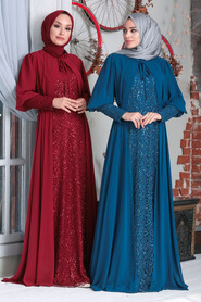 Claret Red Hijab Evening Dress 50090BR - 3