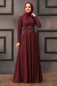  Plus Size Claret Red Islamic Evening Gown 50162BR - 1