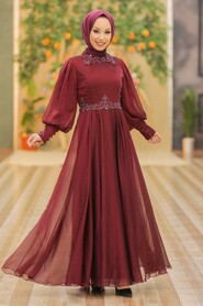 Claret Red Hijab Evening Dress 52779BR - 1