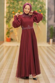 Claret Red Hijab Evening Dress 52779BR - 2