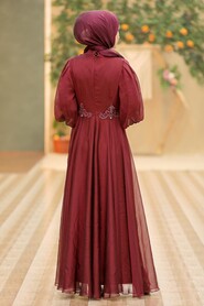 Claret Red Hijab Evening Dress 52779BR - 3