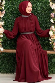  Modern Claret Red Islamic Clothing Wedding Dress 5339BR - 1