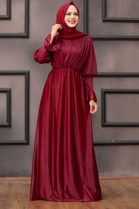  Claret Red Turkish Hijab Bridesmaid Dress 5367BR - NEVA STYLE