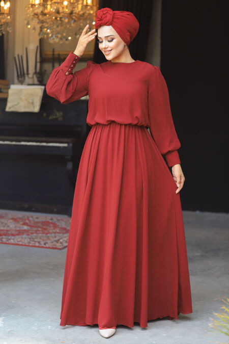  Plus Size Claret Red Islamic Evening Dress 54030BR - NEVA STYLE