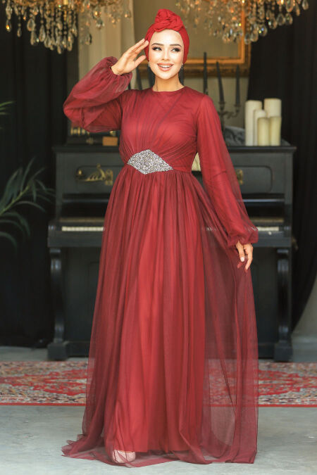  Stylish Claret Red Modest Evening Gown 54230BR - NEVA STYLE