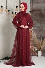  Claret Red Turkish Hijab Prom Dress 5441BR - 1
