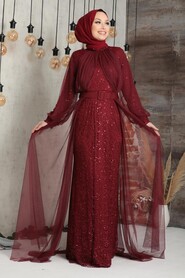  Claret Red Turkish Hijab Prom Dress 5441BR - 3