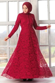 Claret Red Hijab Evening Dress 54720BR - 1