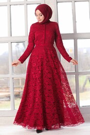 Claret Red Hijab Evening Dress 54720BR - 3