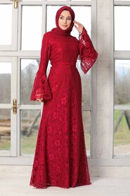 Claret Red Hijab Evening Dress 5487BR - 2