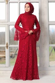 Claret Red Hijab Evening Dress 5487BR - 3